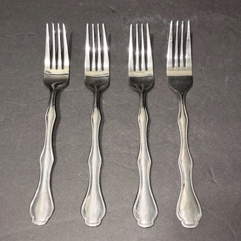 Set of 4 Stainless Steel Dinner Forks Silver Fiddle Handle Scroll Detail 8